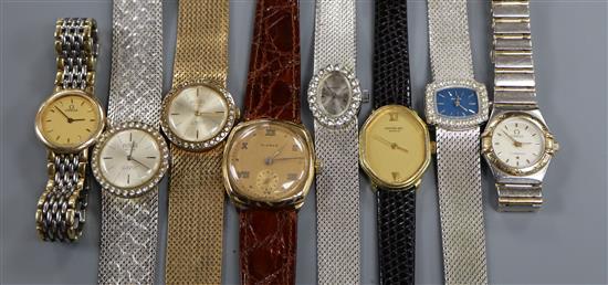 Two ladys steel and gold Omega wristwatches and six other assorted watches